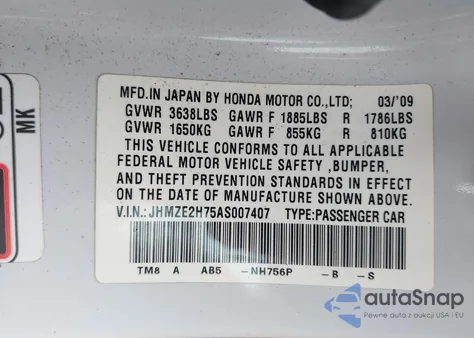 2010 Honda Insight Ex from USA, damaged, VIN JHMZE2H75AS007407